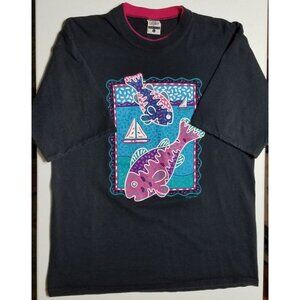 Gopher Sport Short Sleeve Fish Sailboat Print Black Cotton Tee Shirt Women L USA